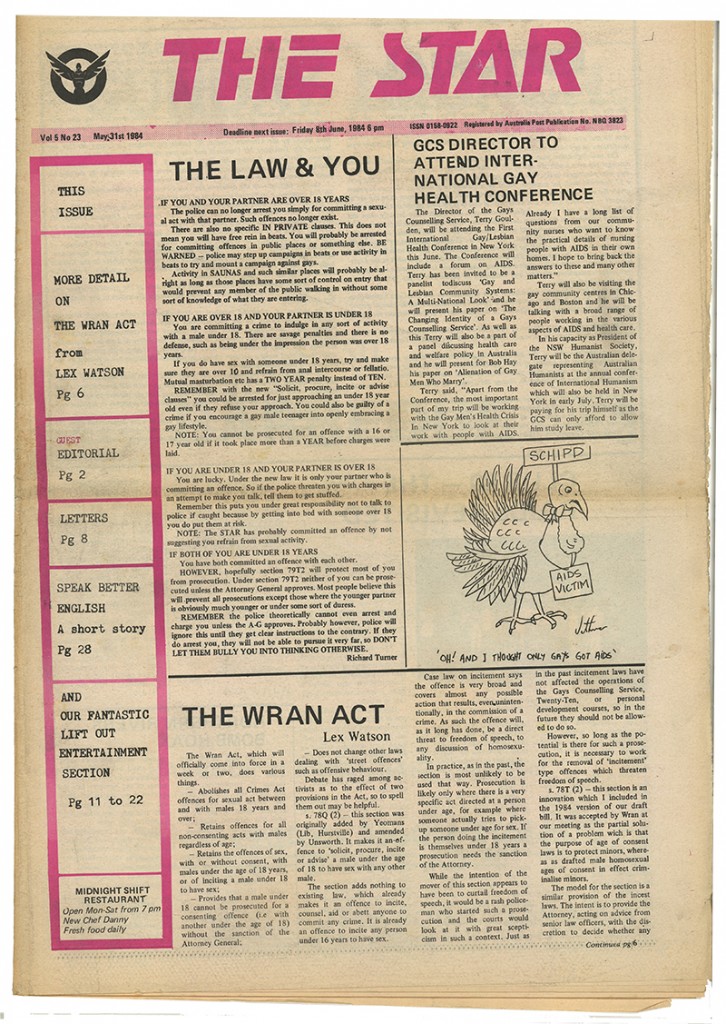 The front page of the Star Observer (then known as The Star) on May 31, 1984 (Image source + copyright: Star Observer archives) 1984_05_31_vol5No23_page1_WEB