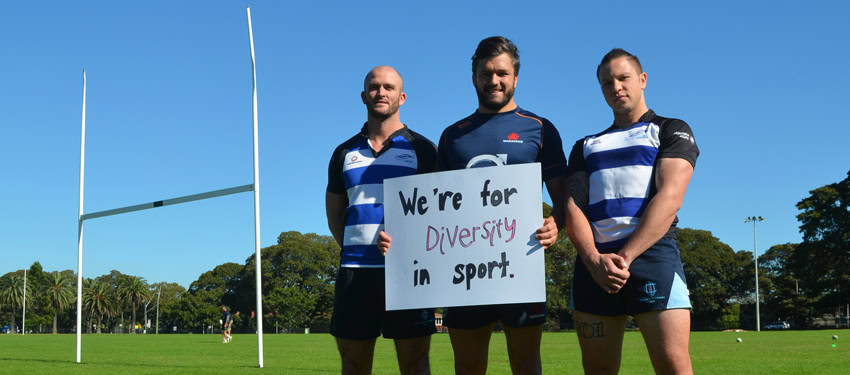 Adam Ashley-Cooper (centre) with members of Sydney Convicts at the launch of Out in the Field (Photo: Benedict Brook; Star Observer)