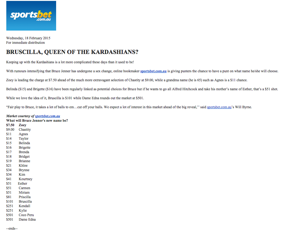 A screen shot of the press release from Sportsbet that launched the campaign on taking bets for Bruce Jenner's new name.