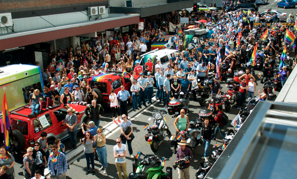 The crowd assembled in front of Brisbane's Empire Hotel to hear the speakers of Brisbane Pride Rally