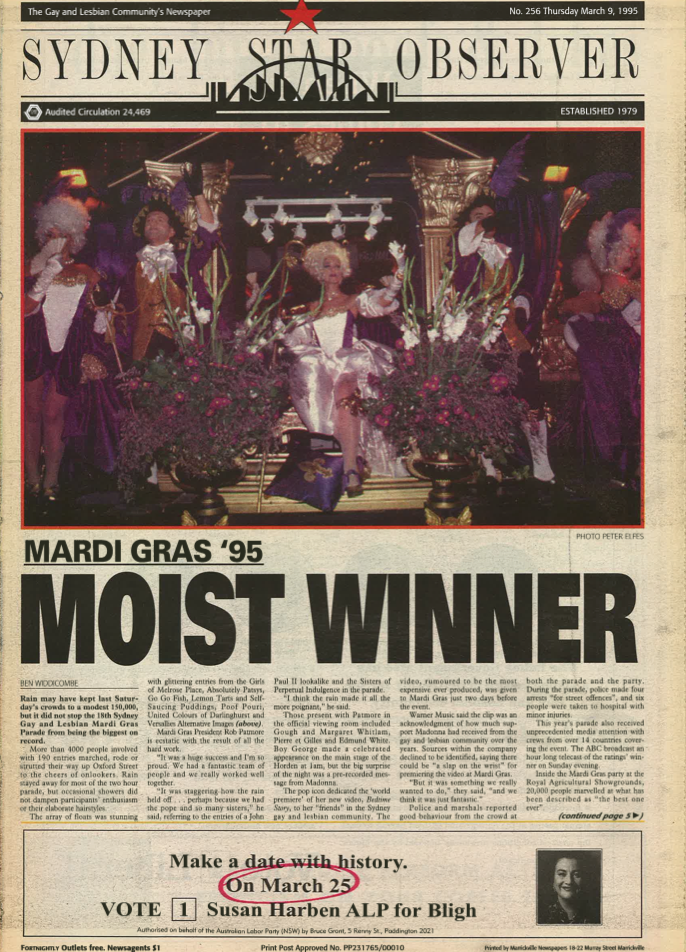 The front page of the Sydney Star Observer's issue 256; Thursday March 9, 1995 edition. (SOURCE: Star Observer archives)