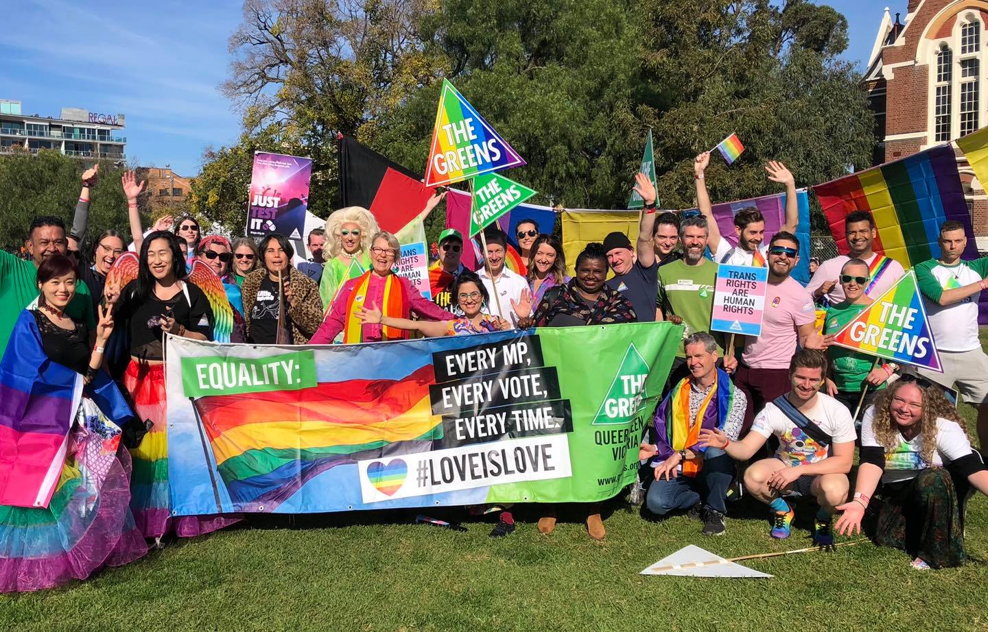 Senator Janet Rice with the Greens contingent at Midsumma Pride March 2021